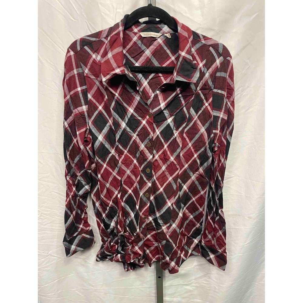 Soft Surroundings Plaid Button Down Shirt Burgundy Black White Women's XL